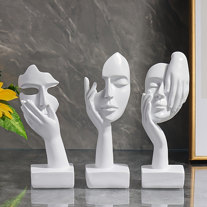 3pcs Thinker Statue, Mask Sculpture, Silence Is Golden Abstract Art Figurine, Modern Home Resin Sculpture Ornament, Creative Room Home Decor, Office Modern Decoration, Living Room Wine Cabinet Decoration, Party Supplies, Warm