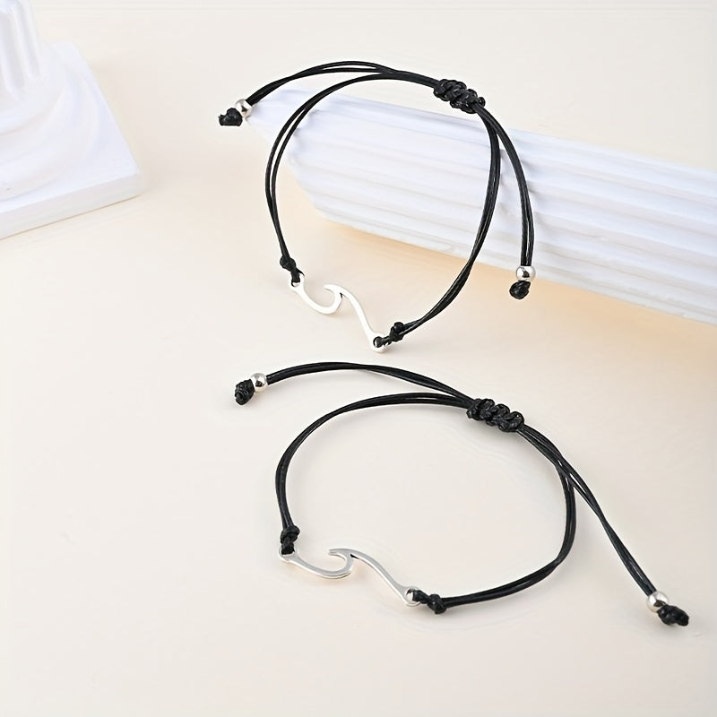 [Alloy Braided BFF Couple Friends] 2pcs/Set Wave Design Alloy Braided Bracelet Beach Style Hand Decoration Gift For BFF Couple Friends