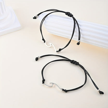 [Alloy Braided BFF Couple Friends] 2pcs/Set Wave Design Alloy Braided Bracelet Beach Style Hand Decoration Gift For BFF Couple Friends