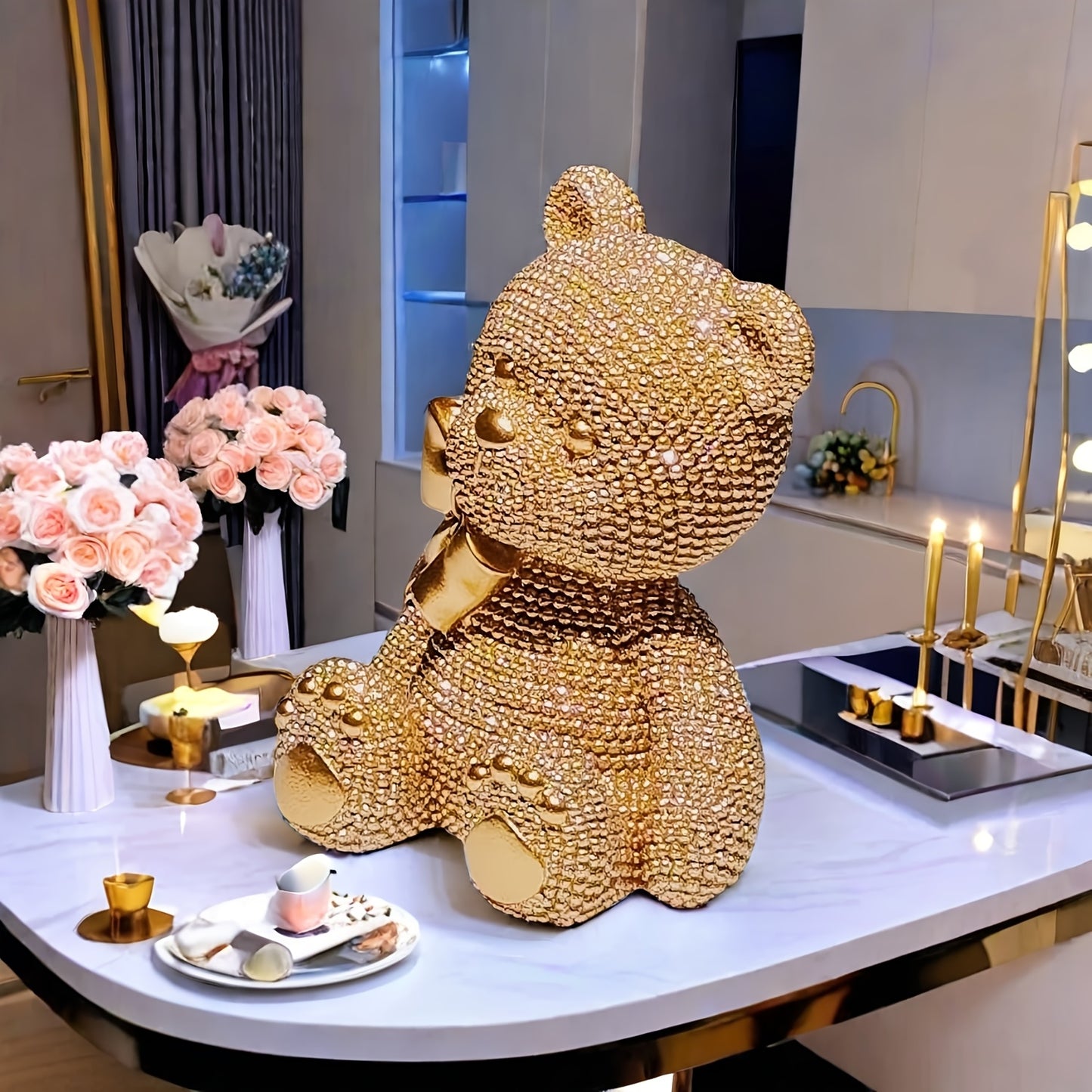 1pc Art Deco Resin Bow Bear Statue, Alphabet Animal Theme, Versatile Room Decor, Ideal for Christmas, Easter, Thanksgiving, New Year, Valentine'S Day - No Electricity Needed