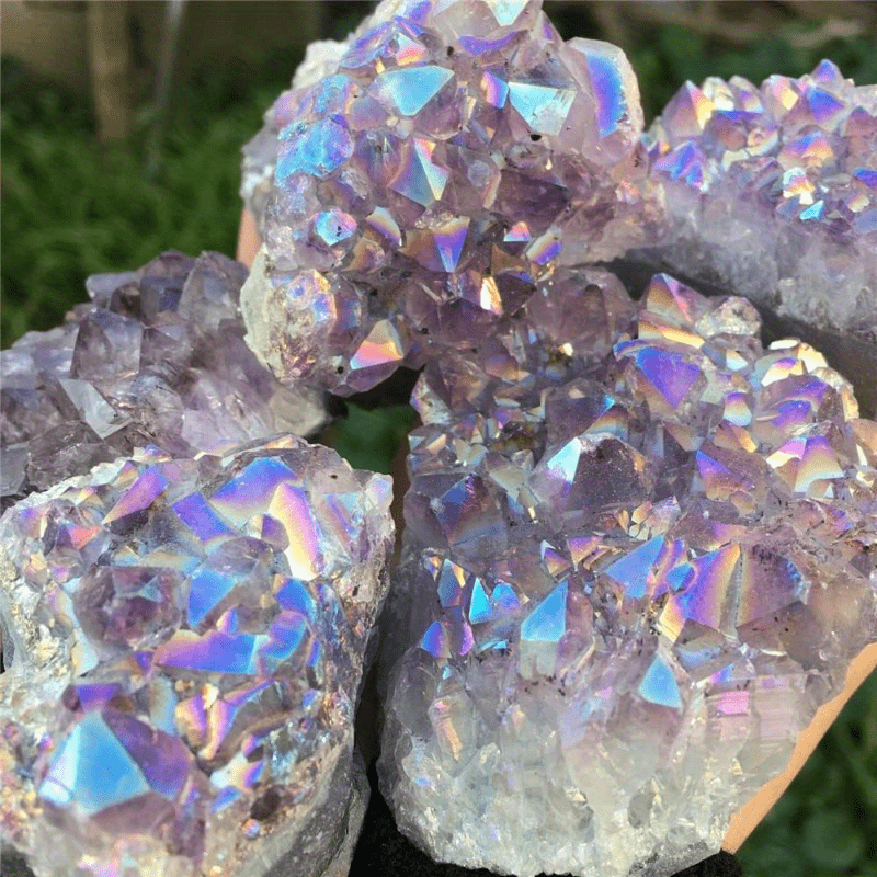 1pc Aura Amethyst Cluster Titanium Bonded High Decoration Crystal, Natural Reiki Rock And Calming Effects