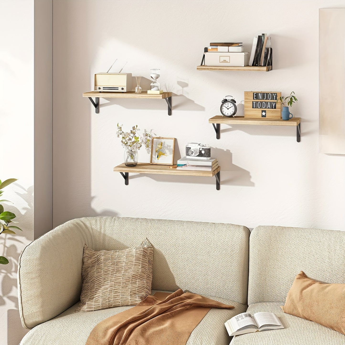 [4pcs Floating Shelves] 4pcs Floating Shelves, Wall Mounted Shelves | For Room Decor, Bathroom Storage, Bedroom, Living Room, And Plants, Home Storage Decoration Utility Shelf