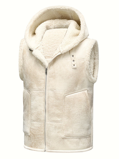 [Warm Hooded Vest] Warm & Windproof Men's Fleece-Lined Hooded Vest - Stylish Sleeveless Jacket with Zipper Pockets, Olive Green, Daily Comfort Vest | Hooded Jacket | Functional Pockets