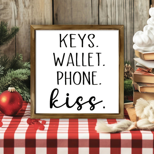 1pc Art Deco Classic Modern Style "Keys Wallet Phone Kiss" Wooden Sign, 8x8in Pine Wood Framed Canvas Wall Art, Fade-Resistant Indoor Portrait Orientation Poster for Living Room, Bedroom, Kitchen, Bathroom Decor, Ideal Housew