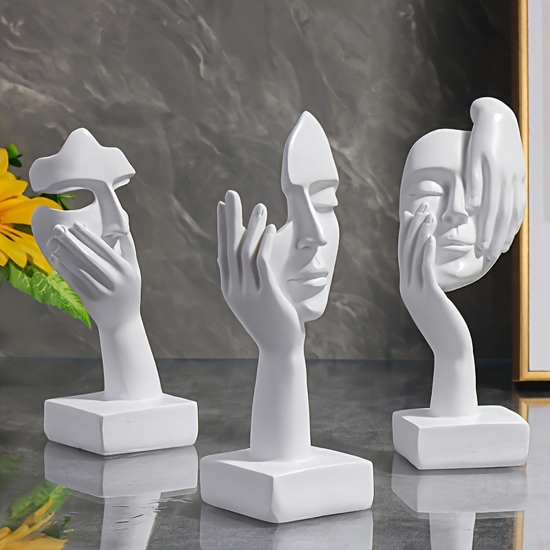 3pcs Thinker Statue, Mask Sculpture, Silence Is Golden Abstract Art Figurine, Modern Home Resin Sculpture Ornament, Creative Room Home Decor, Office Modern Decoration, Living Room Wine Cabinet Decoration, Party Supplies, Warm