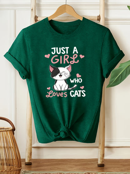 [Cute Cat Tee] Soft Casual Women's Cat Lover Graphic Tee | Cute Cartoon Kitten with Hearts & "Just a Who Loves Cats" Text, Machine Washable All-Season Shirt, Nontransparent Material