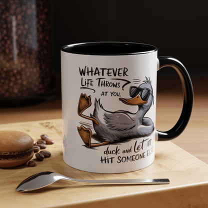 1pc 11oz Ceramic Coffee Mug with Funny Duck Quote "Whatever Life Throws at You, Duck and Let It Hit Someone Else" - Humorous White Cup with Fashion Glasses Duck Design & Black Handle, Dishwasher Safe, Perfect Gift for Friends