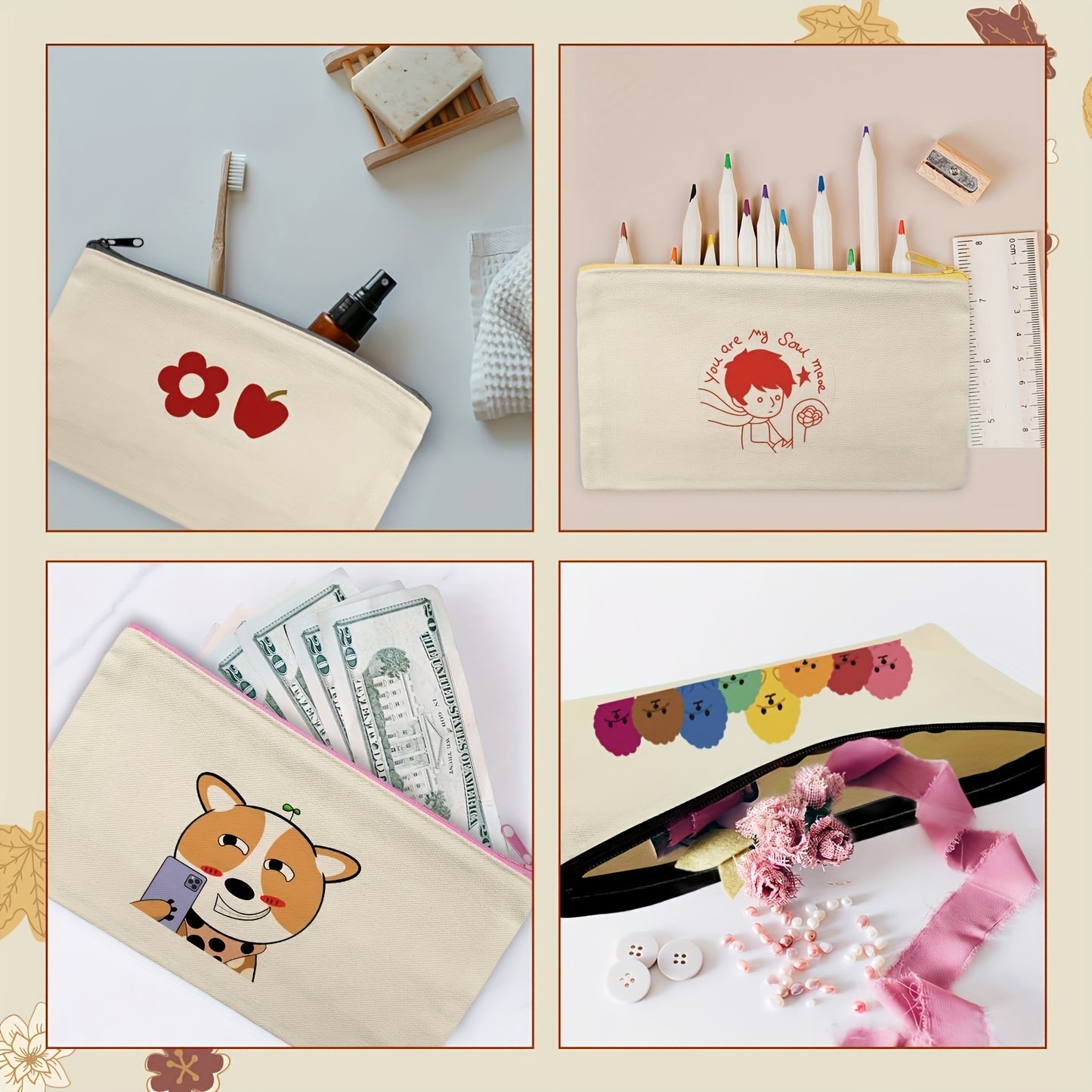 12PCS Blank Canvas Bag with Zipper, Multi Color Makeup Canvas Bag Cosmetic Bags Blank Pencil Case for School Travel DIY Accessories Storage