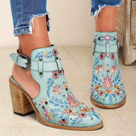 [New, Chunky Heel Boots] 2025 New Chunky Heel Ankle Boots | Women's Pointed Toe Floral Vintage Style with Comfortable Open Back Strap
