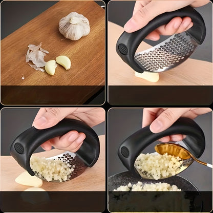 Stainless Steel Manual Garlic Press with Ergonomic Black Handle - Multi-Functional Kitchen Tool for Crushing Garlic, No Electricity Needed, Durable & Easy to Clean, Garlic Crusher