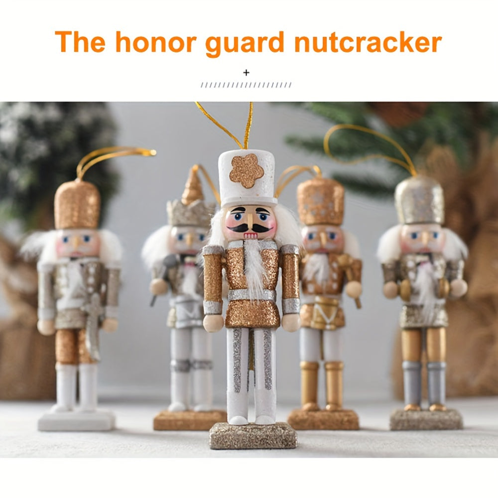 5 pièces/ensemble Casse-noisette en bois fait à la main Marionnette Soldat Pendentif Poudre scintillante Décoration d’ornement