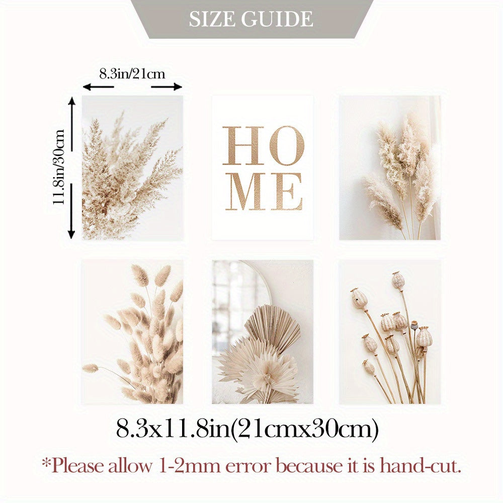 6pcs Unframed Beige Canvas Painting Set, Pampas Grass Painting Poster, Dried Grass Wall Art Painting, Reed Wall Paintings, Leaf Wall Art, Fan Blades Print Pictures, Herbarium Art Prints, Nordic Wall Posters, Home Decoration