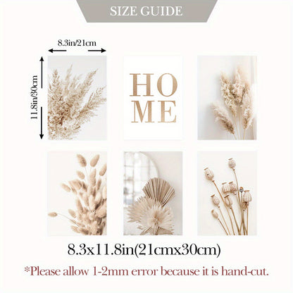 6pcs Unframed Beige Canvas Painting Set, Pampas Grass Painting Poster, Dried Grass Wall Art Painting, Reed Wall Paintings, Leaf Wall Art, Fan Blades Print Pictures, Herbarium Art Prints, Nordic Wall Posters, Home Decoration