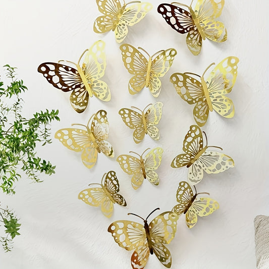 12pcs 3D Animal Wall Stickers, Simulate Three-dimensional Butterflies, Light Pearlescent Paper, Suitable For Bedroom And Living Room Walls, Home Decoration, Gold/rose Gold/purple/colorful