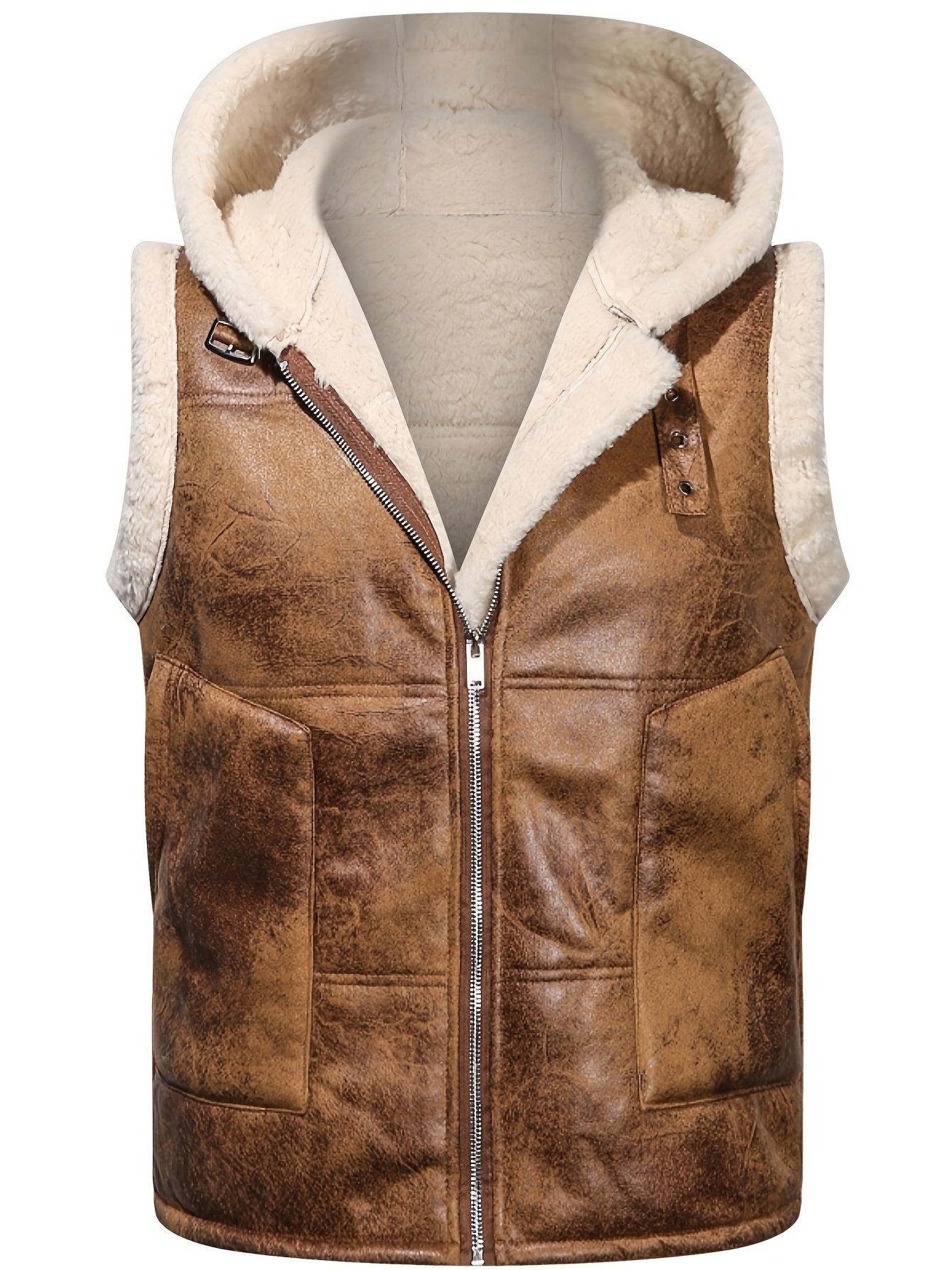 [Warm Hooded Vest] Warm & Windproof Men's Fleece-Lined Hooded Vest - Stylish Sleeveless Jacket with Zipper Pockets, Olive Green, Daily Comfort Vest | Hooded Jacket | Functional Pockets