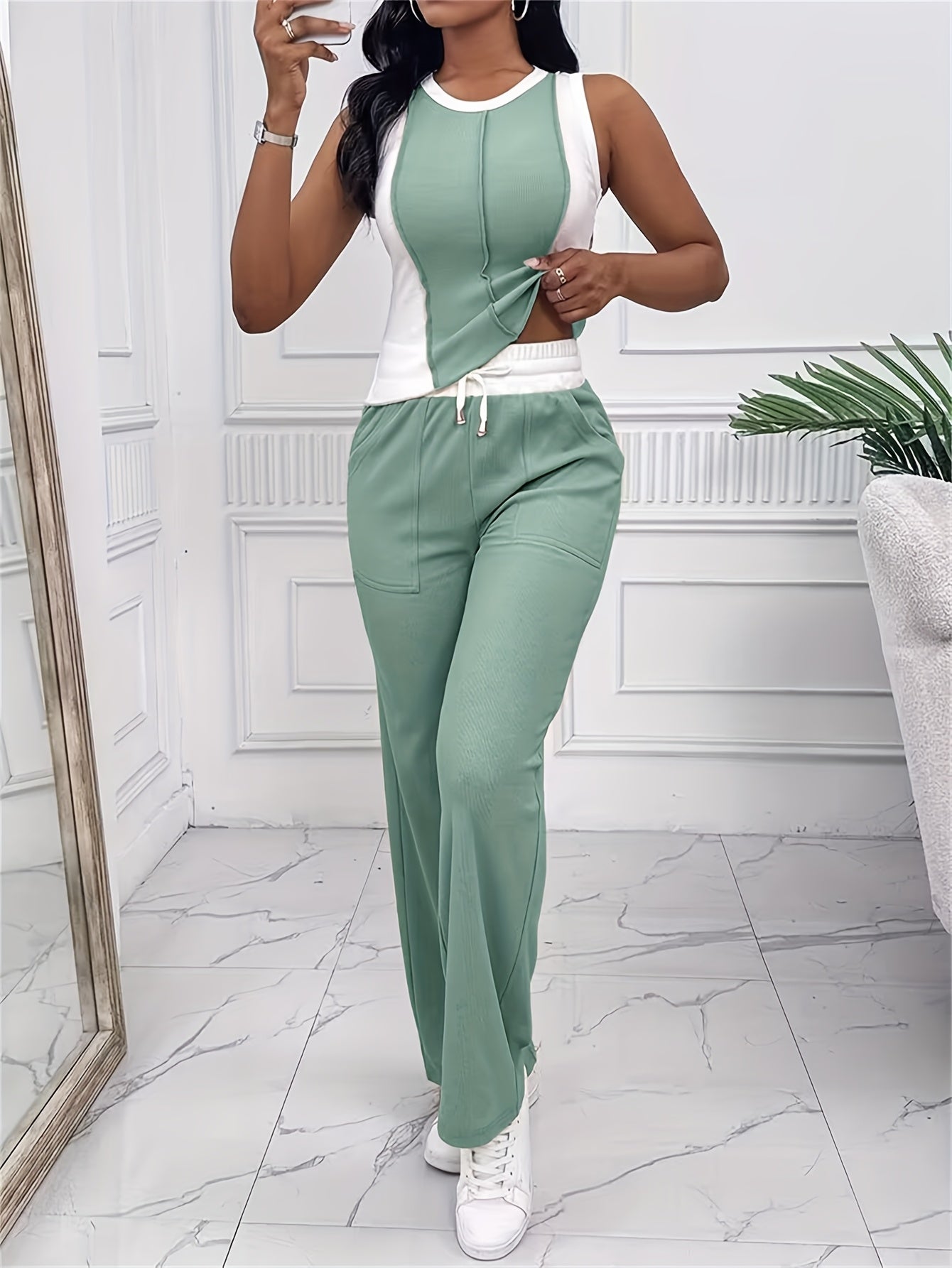 [Casual Color Block Pantsuit] Polyester Women's Casual Color Block Pantsuit with Drawstring Waist - Olive Green, White, and Gray, Spring/Summer Fashion, Casual Attire|Casual Style