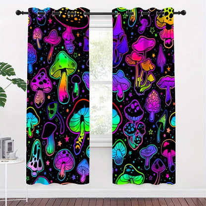 2pcs UV Neon Mushrooms Digital Printed Grommet Top Curtains for Living Room Office Home Decoration