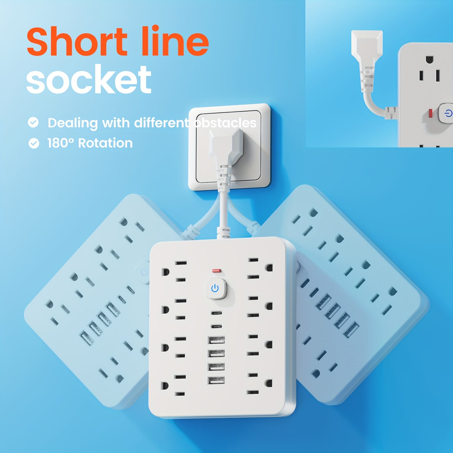 14-in-1 Power Strip with Surge Protector - 8 AC Outlets And 6 USB Ports (2 USB-C)| Flat Plug, Space Saving Design, Unique Short Cord Design, Overload Protection for Home, School, Office. Available In Black And White