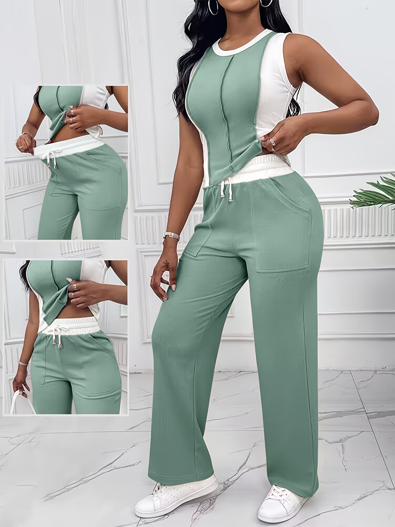 [Casual Color Block Pantsuit] Polyester Women's Casual Color Block Pantsuit with Drawstring Waist - Olive Green, White, and Gray, Spring/Summer Fashion, Casual Attire|Casual Style