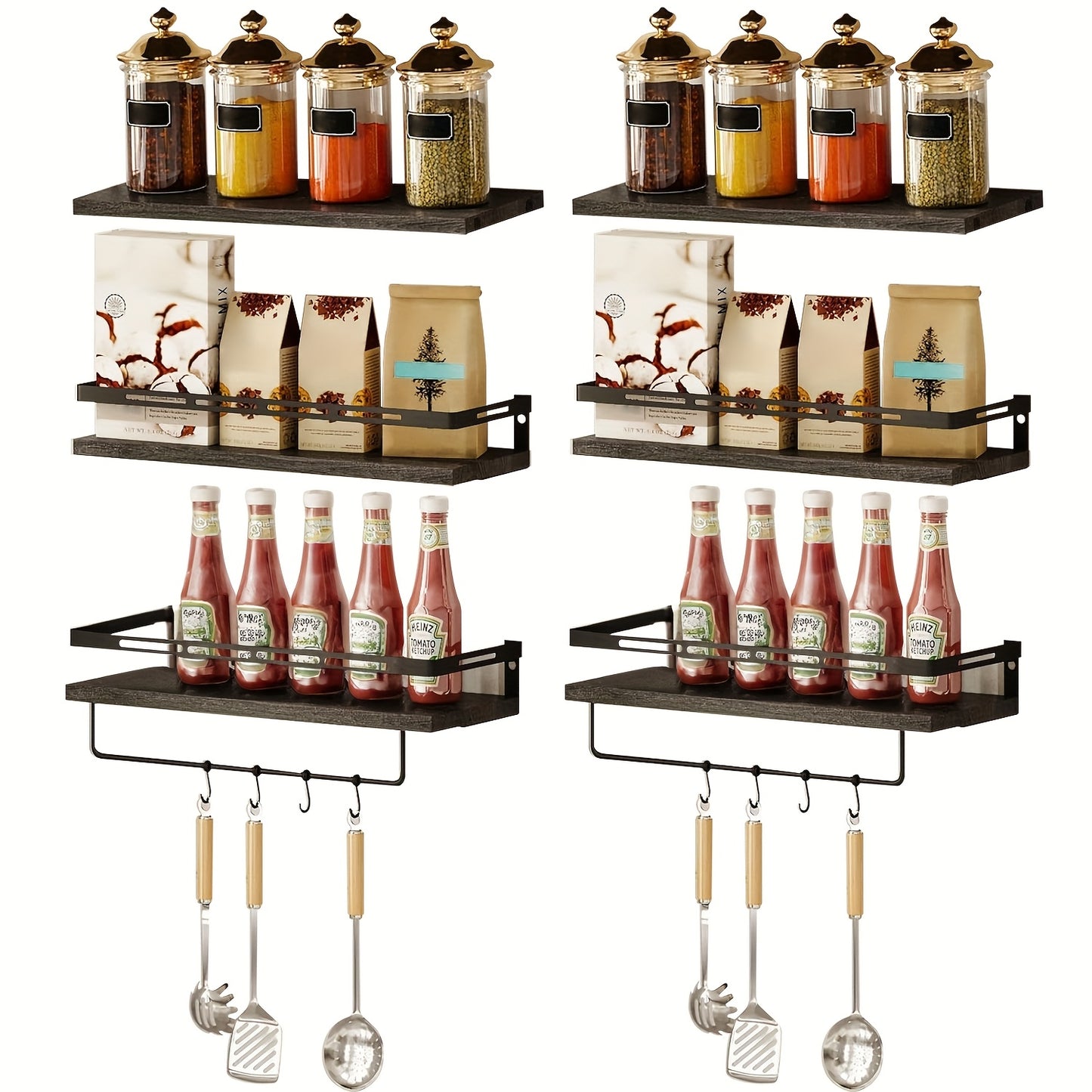 Superlele 6pcs Floating Shelves, Christmas And Home Storage, Wall Mounted Floating Shelves With Metal Frame, Rustic Shelves Over Toilet With Towel Bar For Kitchen, Bedroom, Black