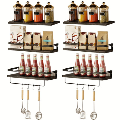 Superlele 6pcs Floating Shelves, Christmas And Home Storage, Wall Mounted Floating Shelves With Metal Frame, Rustic Shelves Over Toilet With Towel Bar For Kitchen, Bedroom, Black