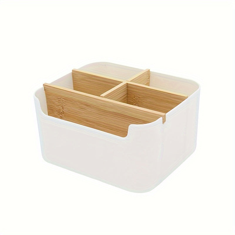 1pc 5 Compartments Bamboo Desk Organizer, Office Organizer with Pen Holder, Bathroom Make Up Storage Box, Living Room Sundries Holder, Bedroom Earing Hair Ring Jewelry Storage Box, Desk & Drawer Organizer for Home Storage
