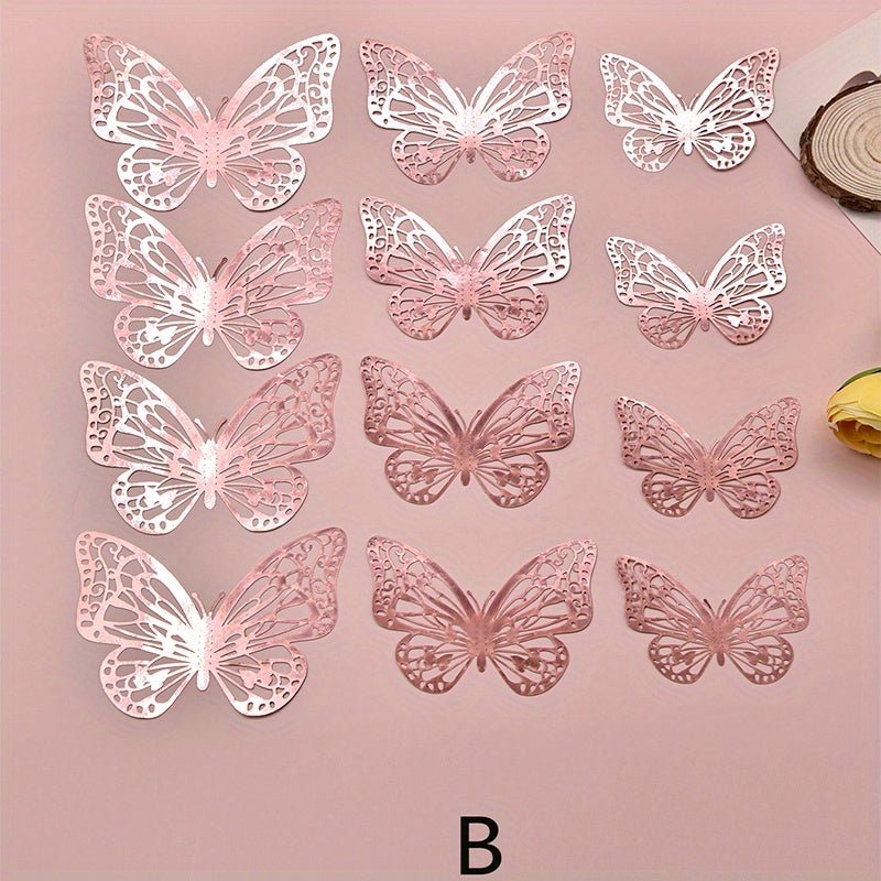 12pcs 3D Wall Sticker, Hollow Butterfly Self-Adhesive Wall Stickers, Bedroom Bathroom Living Room Porch Home Decoration Wall Stickers, Removable Stickers, Wall Decor Decals