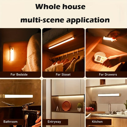 Smart Switch LED Light Human Motion Sensor Long Strip Wireless Magnetic Self-Adhesive Wardrobe Light with Charging Cabinet Light Bar for Countertop Closet Lighting, Rechargeable Kitchen Night Light Battery Powered Lamp for Wa