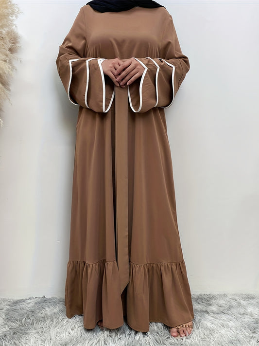 Solid Petal Sleeve Crew Neck Loose Modest Dress, Elegant Tie Waist Ruffled Hem Dress, Women's Clothing
