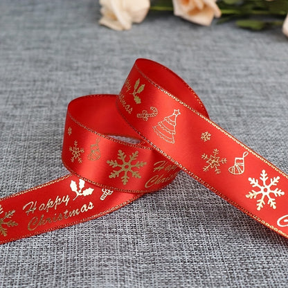 1pc 5 Yards 25mm Bronzing Christmas Ribbon Printed Polyester Ribbon For Christmas Decoration Gift Wrapping DIY Sewing Fabric