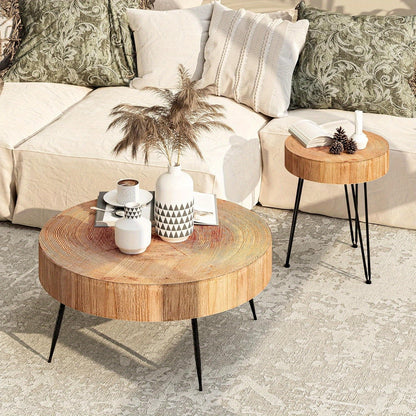 [Modern Farmhouse Nesting Table] Modern Farmhouse Nesting Table Round Natural Finish with Handcrafted Ring Motif, Light Red + Wood Color Furniture for Home, Storage Shelves, Nightstand, Living Room Coffee Table Set