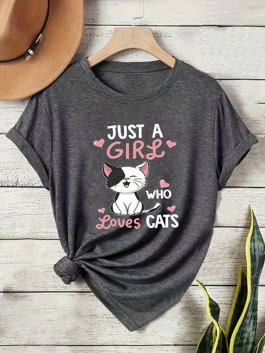 [Cute Cat Tee] Soft Casual Women's Cat Lover Graphic Tee | Cute Cartoon Kitten with Hearts & "Just a Who Loves Cats" Text, Machine Washable All-Season Shirt, Nontransparent Material