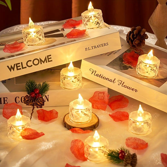 12pcs LED Electronic Candle Lights, Rose Pattern Vertical Refraction Halo Projection, Mini Simulated Flameless Candles For Wedding, Valentine's Day, Halloween, Christmas, Holiday, Home Decoration