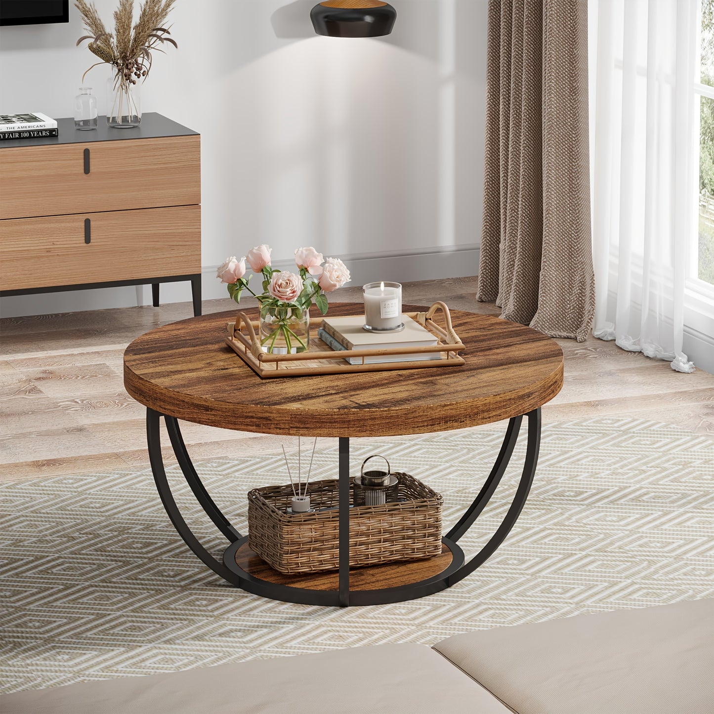 Stylish 31.7" Round 2-Tier Coffee Table with Storage Shelves - Rustic Brown Wooden Accent Center Table for Living Room & Home Office, Modern Industrial Design with Metal Base, Ideal for Halloween & Thanksgiving Decor, Coffee