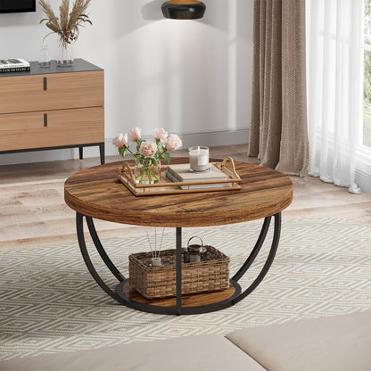 Stylish 31.7" Round 2-Tier Coffee Table with Storage Shelves - Rustic Brown Wooden Accent Center Table for Living Room & Home Office, Modern Industrial Design with Metal Base, Ideal for Halloween & Thanksgiving Decor, Coffee