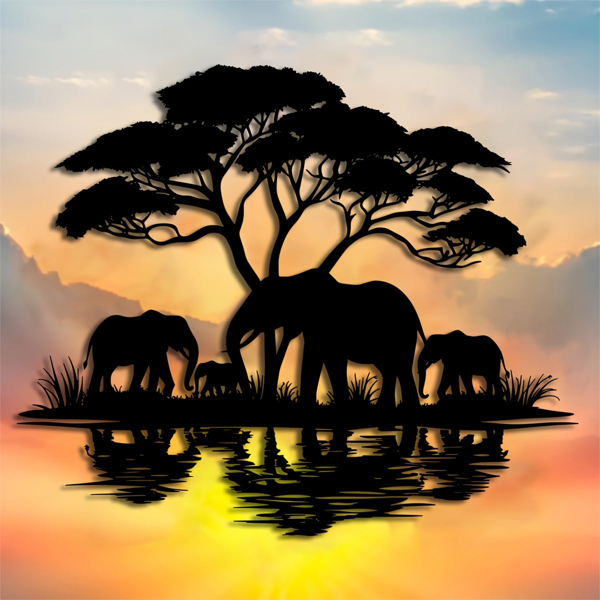 [Elegant Metal Elephant Family] 1pc Elegant Art Deco Metal Elephant Family Wall Art - 15.75"x13.19" Nature-Inspired Animal Silhouette Hanging Ornament - Ideal for Home, Patio, Balcony, and Holiday Decor