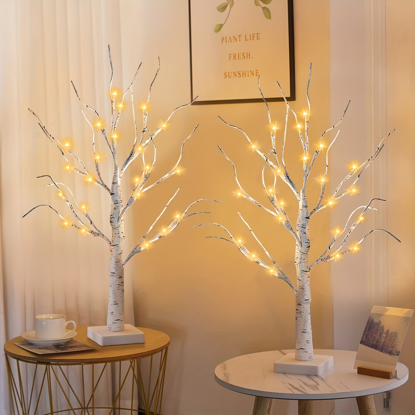 1pc 2ft Warm White Battery Operated White Birch Tree Lights for Home Decoration, Desktop Mini Artificial Tree Lights with Fireplace Holder for Christmas and Summer