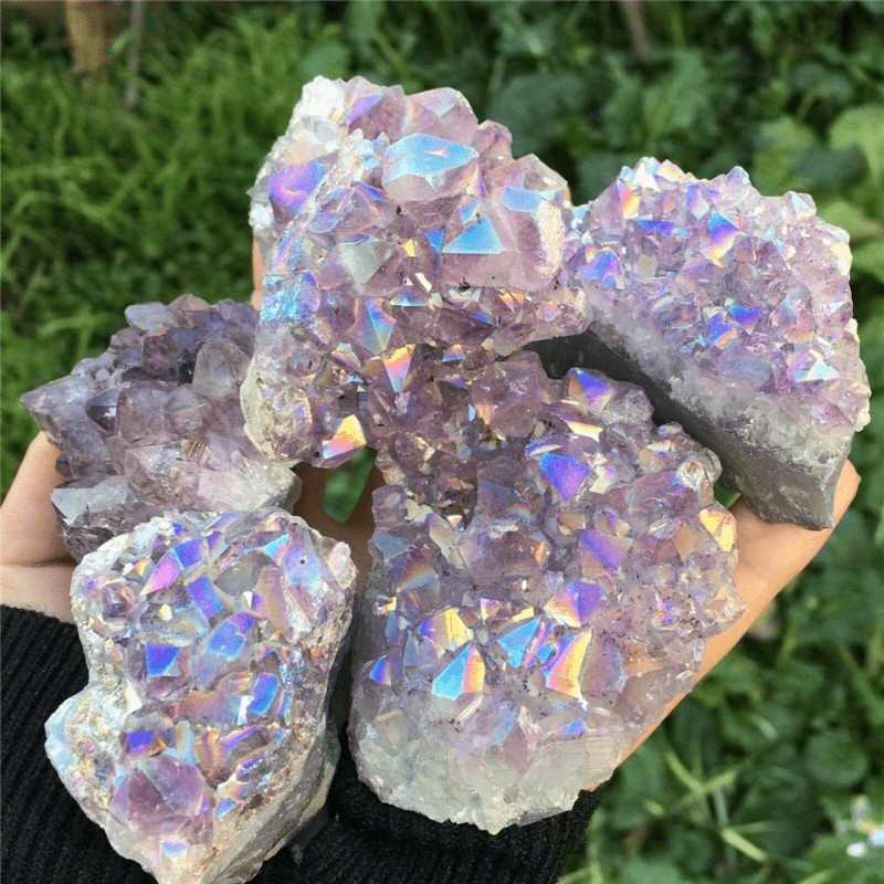 1pc Aura Amethyst Cluster Titanium Bonded High Decoration Crystal, Natural Reiki Rock And Calming Effects