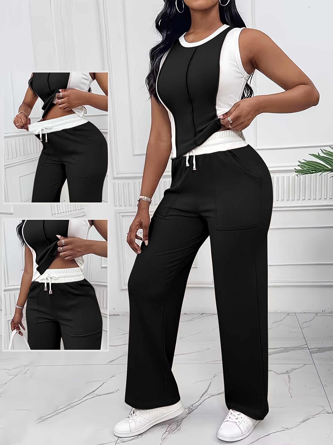 [Casual Color Block Pantsuit] Polyester Women's Casual Color Block Pantsuit with Drawstring Waist - Olive Green, White, and Gray, Spring/Summer Fashion, Casual Attire|Casual Style