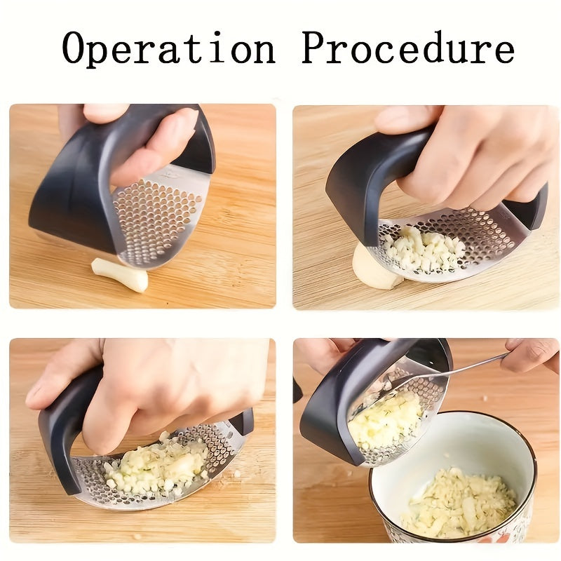 Stainless Steel Manual Garlic Press with Ergonomic Black Handle - Multi-Functional Kitchen Tool for Crushing Garlic, No Electricity Needed, Durable & Easy to Clean, Garlic Crusher