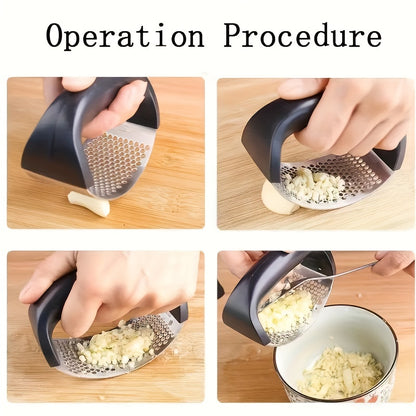Stainless Steel Manual Garlic Press with Ergonomic Black Handle - Multi-Functional Kitchen Tool for Crushing Garlic, No Electricity Needed, Durable & Easy to Clean, Garlic Crusher