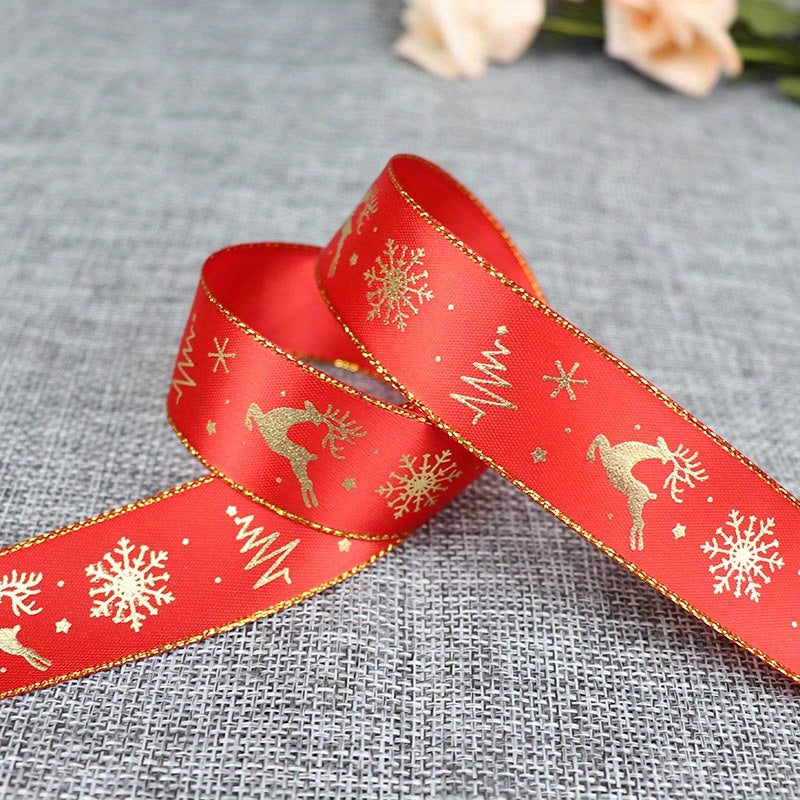 1pc 5 Yards 25mm Bronzing Christmas Ribbon Printed Polyester Ribbon For Christmas Decoration Gift Wrapping DIY Sewing Fabric