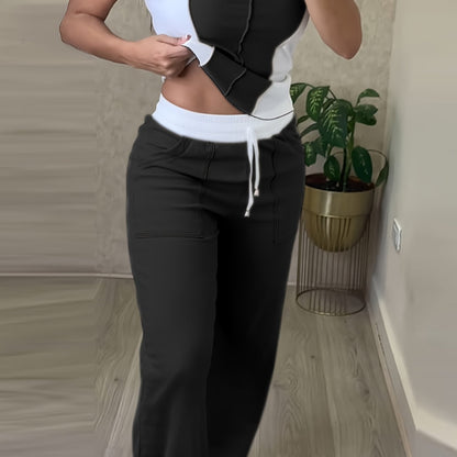 [Casual Color Block Pantsuit] Polyester Women's Casual Color Block Pantsuit with Drawstring Waist - Olive Green, White, and Gray, Spring/Summer Fashion, Casual Attire|Casual Style