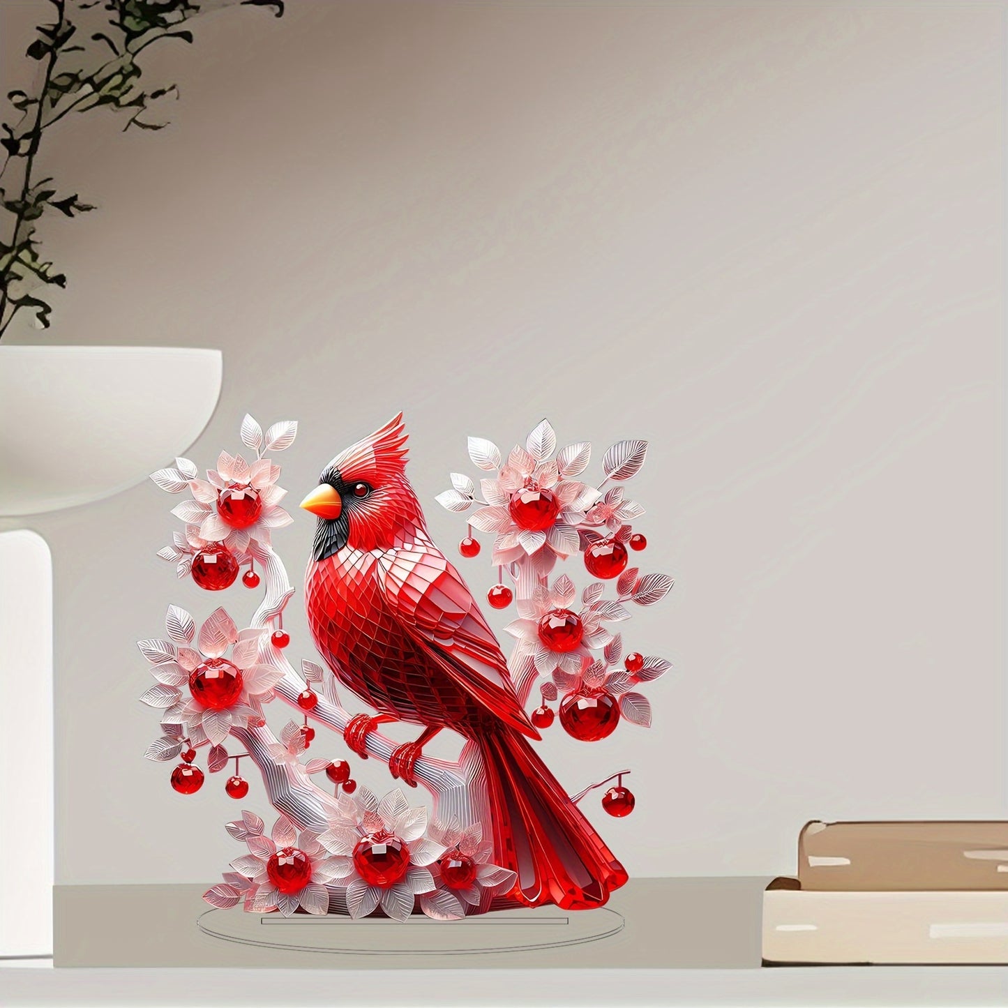 1pc Acrylic Cardinal Bird Statue with White Floral Accents, Art Deco Style Tabletop Decor, Animal Theme Desk Ornament, Ideal for Valentine'S Day, Christmas, Home, Office, Living Room, Bar - No Power Needed
