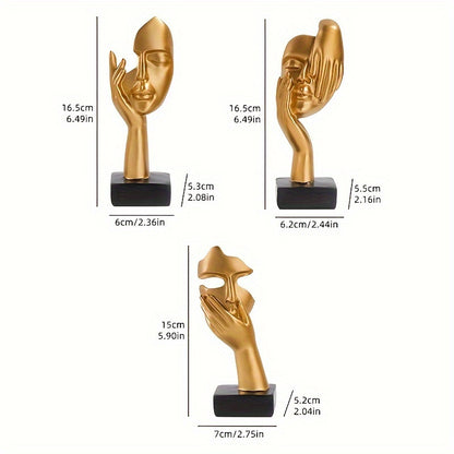 3pcs Thinker Statue, Mask Sculpture, Silence Is Golden Abstract Art Figurine, Modern Home Resin Sculpture Ornament, Creative Room Home Decor, Office Modern Decoration, Living Room Wine Cabinet Decoration, Party Supplies, Warm