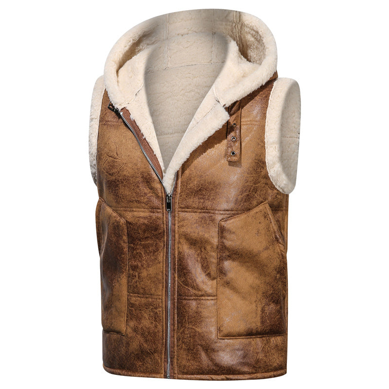[Warm Hooded Vest] Warm & Windproof Men's Fleece-Lined Hooded Vest - Stylish Sleeveless Jacket with Zipper Pockets, Olive Green, Daily Comfort Vest | Hooded Jacket | Functional Pockets
