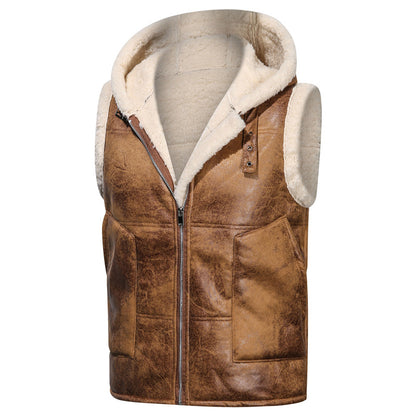 [Warm Hooded Vest] Warm & Windproof Men's Fleece-Lined Hooded Vest - Stylish Sleeveless Jacket with Zipper Pockets, Olive Green, Daily Comfort Vest | Hooded Jacket | Functional Pockets