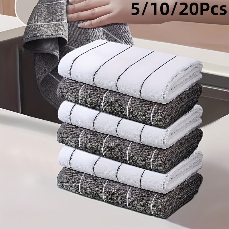 [Super Absorbent Towels] 5pcs HYER KITCHEN Super Absorbent Microfiber Cleaning Towels, Quick-Drying, Striped Gray and White, Multipurpose for Kitchen & Bathroom Use