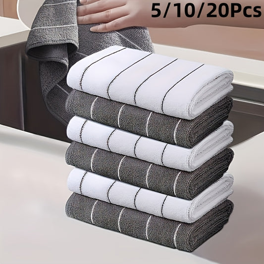 [Super Absorbent Towels] 5pcs HYER KITCHEN Super Absorbent Microfiber Cleaning Towels, Quick-Drying, Striped Gray and White, Multipurpose for Kitchen & Bathroom Use