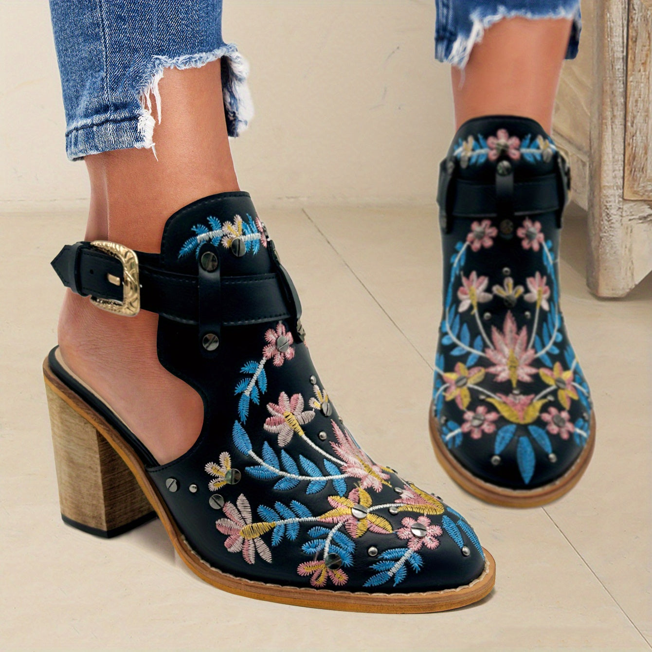 [New, Chunky Heel Boots] 2025 New Chunky Heel Ankle Boots | Women's Pointed Toe Floral Vintage Style with Comfortable Open Back Strap